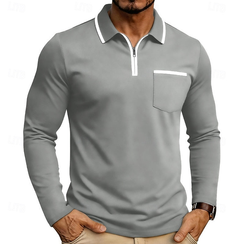 Quarter-Zip Polo Shirt Men's Long Sleeve White with Chest Pocket – Casual, Office, Gift