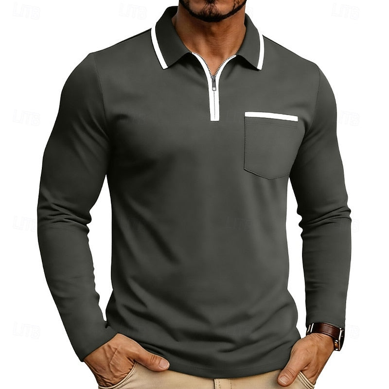 Quarter-Zip Polo Shirt Men's Long Sleeve White with Chest Pocket – Casual, Office, Gift