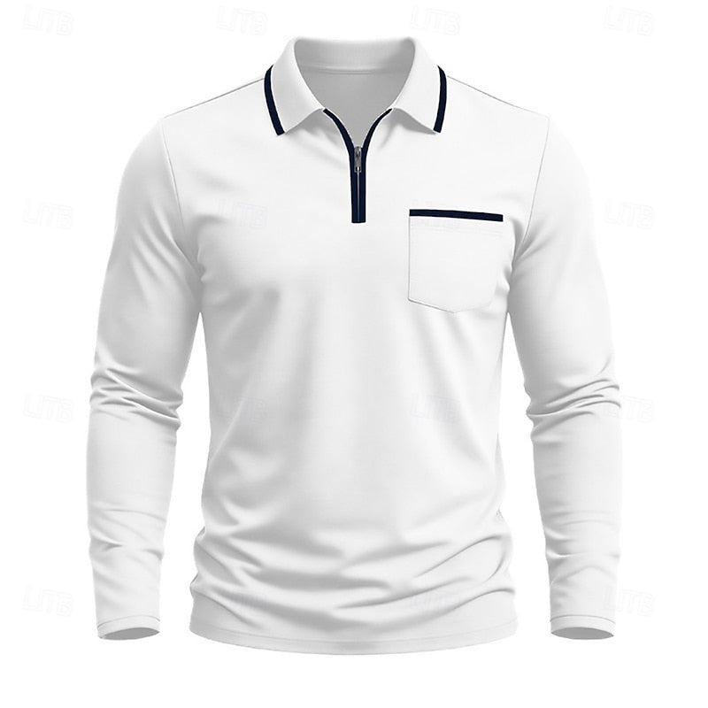 Quarter-Zip Polo Shirt Men's Long Sleeve White with Chest Pocket – Casual, Office, Gift