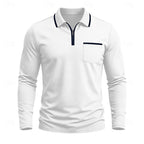 Quarter-Zip Polo Shirt Men's Long Sleeve White with Chest Pocket – Casual, Office, Gift