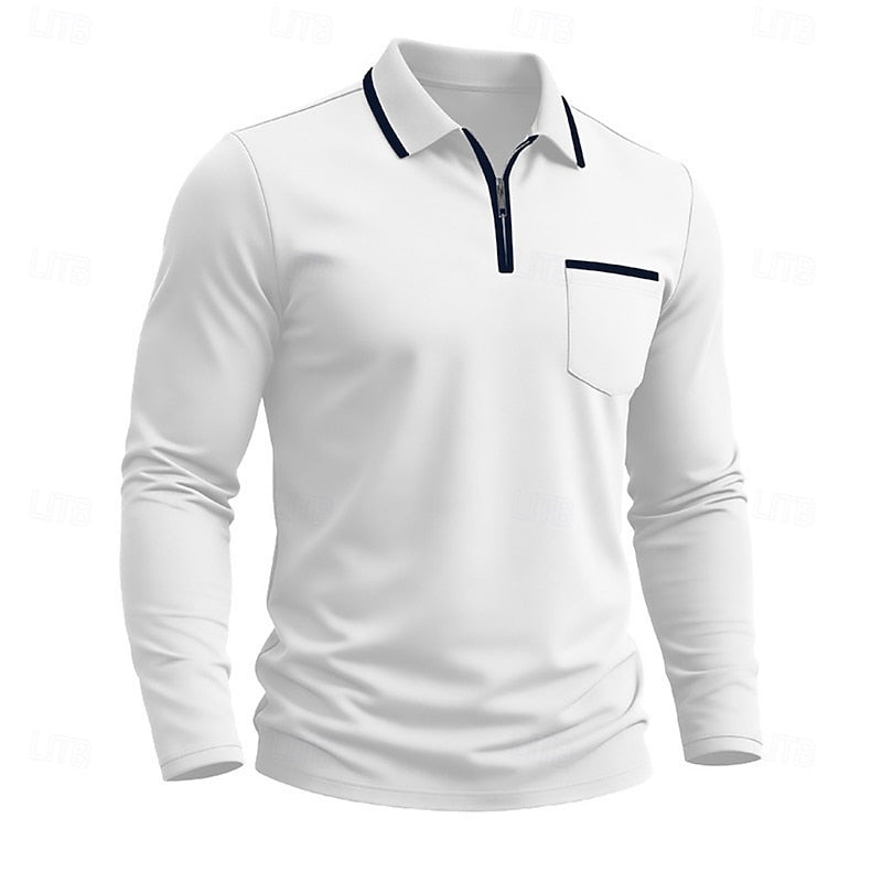 Quarter-Zip Polo Shirt Men's Long Sleeve White with Chest Pocket – Casual, Office, Gift
