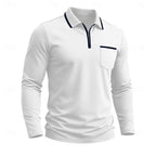 Quarter-Zip Polo Shirt Men's Long Sleeve White with Chest Pocket – Casual, Office, Gift