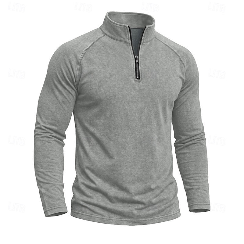 Quarter Zip Pullover Men's Long Sleeve Stand Collar Khaki Top – Casual, Office · Faylori
