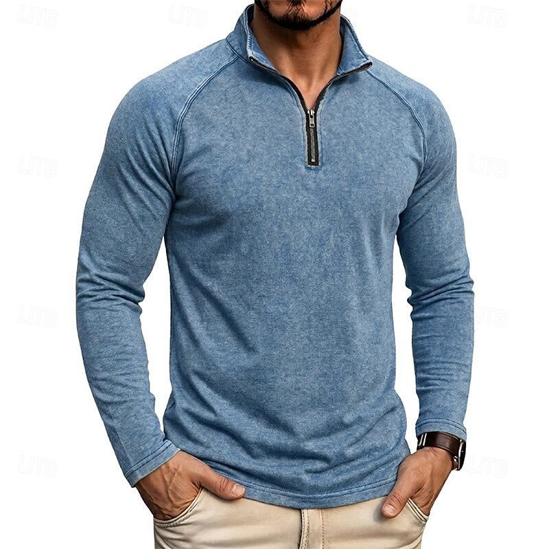Quarter Zip Pullover Men's Long Sleeve Stand Collar Khaki Top – Casual, Office · Faylori