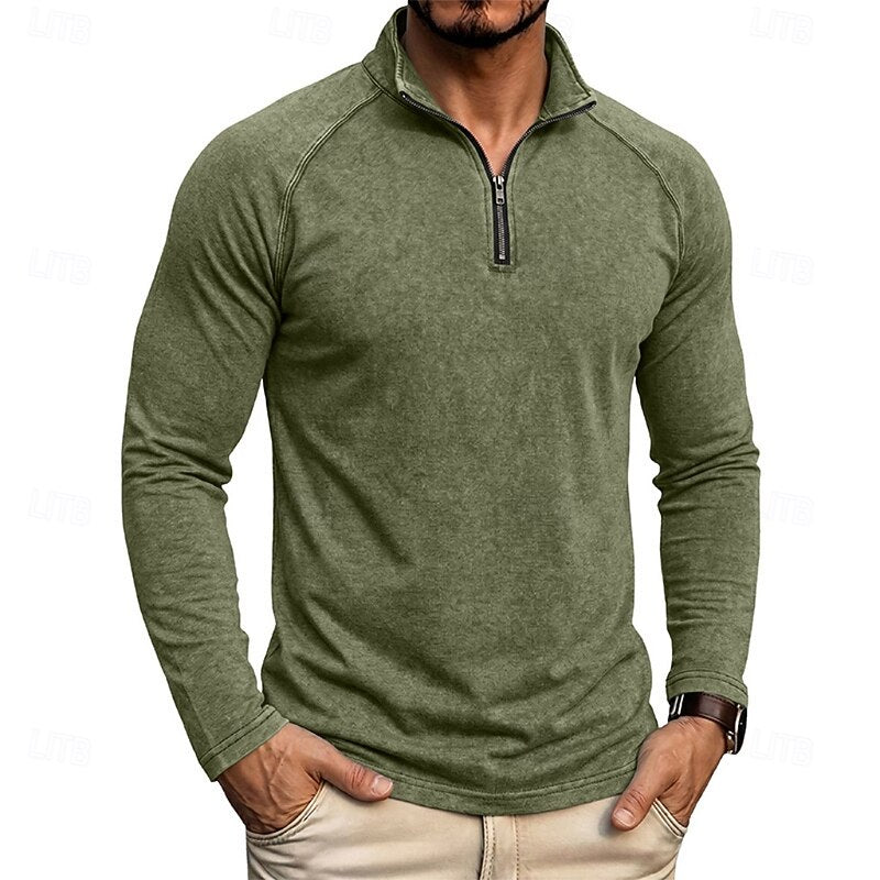 Quarter Zip Pullover Men's Long Sleeve Stand Collar Khaki Top – Casual, Office · Faylori