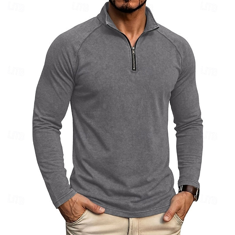 Quarter Zip Pullover Men's Long Sleeve Stand Collar Khaki Top – Casual, Office · Faylori
