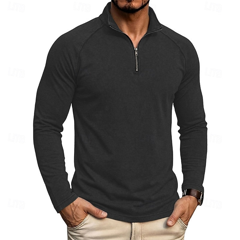 Quarter Zip Pullover Men's Long Sleeve Stand Collar Khaki Top – Casual, Office · Faylori