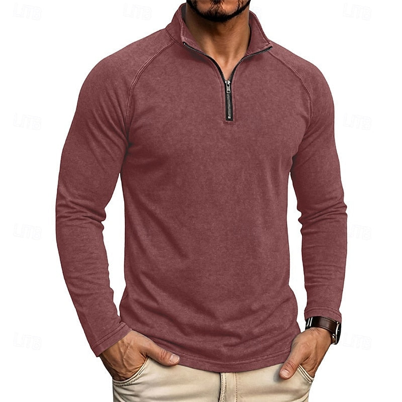 Quarter Zip Pullover Men's Long Sleeve Stand Collar Khaki Top – Casual, Office · Faylori