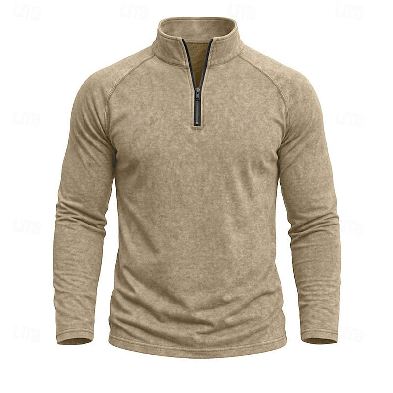 Quarter Zip Pullover Men's Long Sleeve Stand Collar Khaki Top – Casual, Office · Faylori