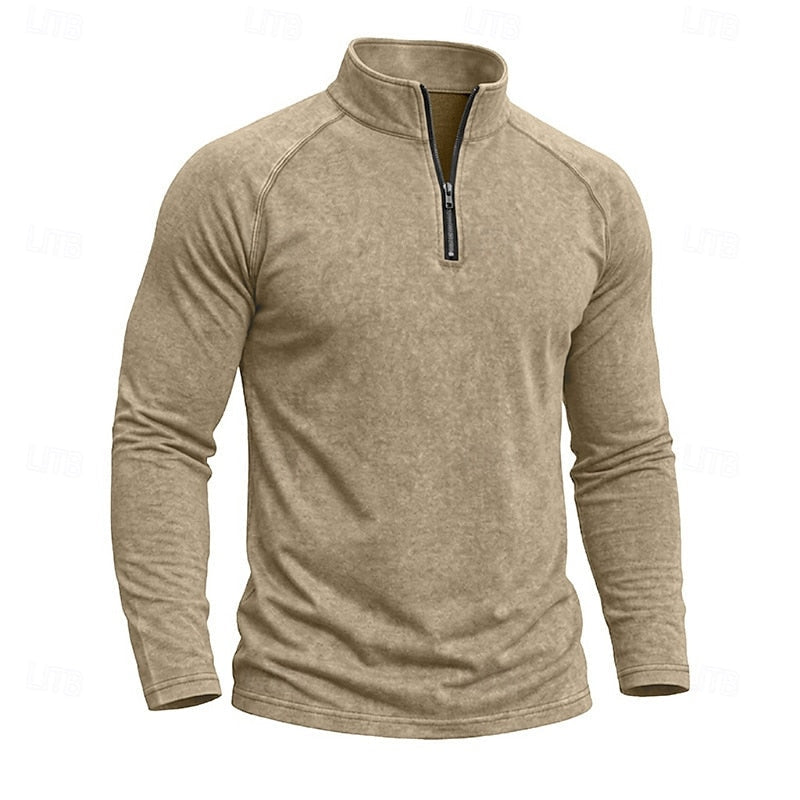 Quarter Zip Pullover Men's Long Sleeve Stand Collar Khaki Top – Casual, Office · Faylori