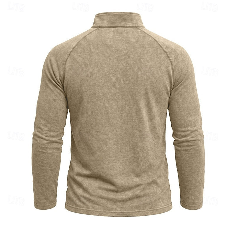 Quarter Zip Pullover Men's Long Sleeve Stand Collar Khaki Top – Casual, Office · Faylori