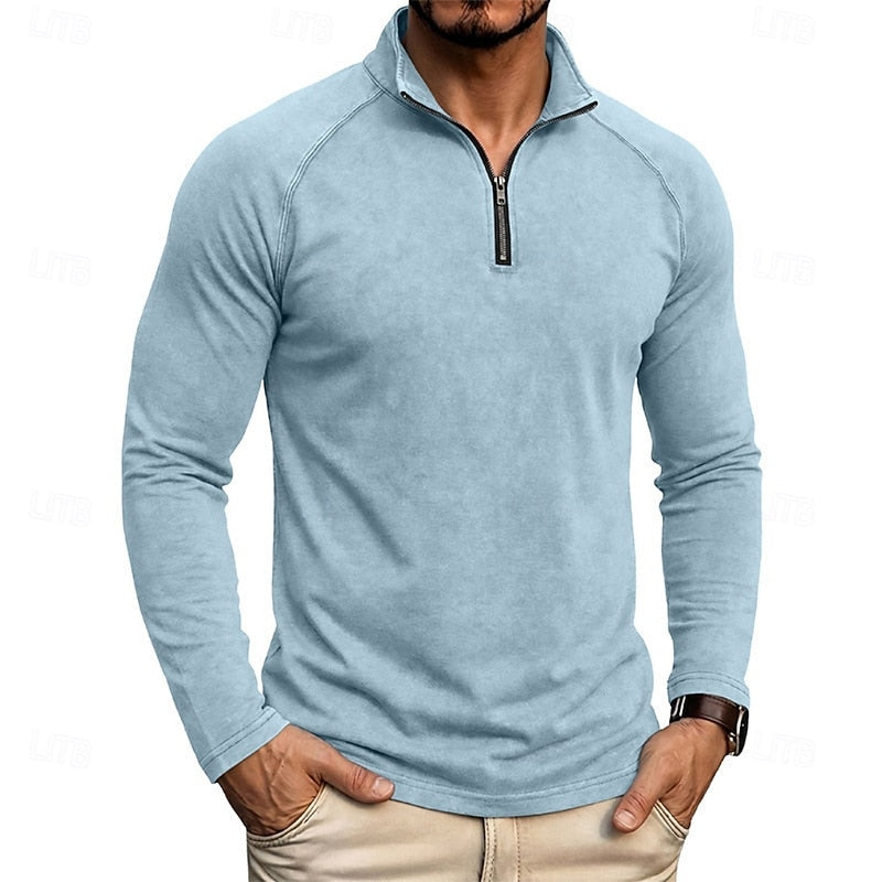 Quarter Zip Pullover Men's Long Sleeve Stand Collar Khaki Top – Casual, Office · Faylori