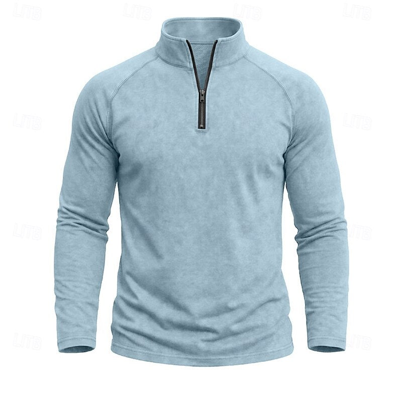 Quarter Zip Pullover Men's Long Sleeve Stand Collar Khaki Top – Casual, Office · Faylori
