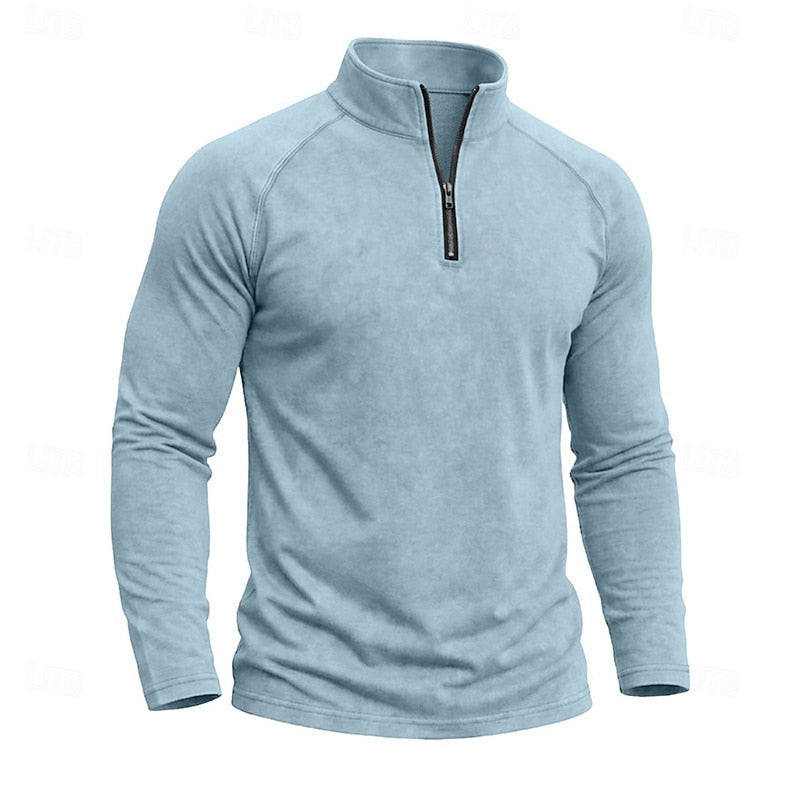 Quarter Zip Pullover Men's Long Sleeve Stand Collar Khaki Top – Casual, Office · Faylori