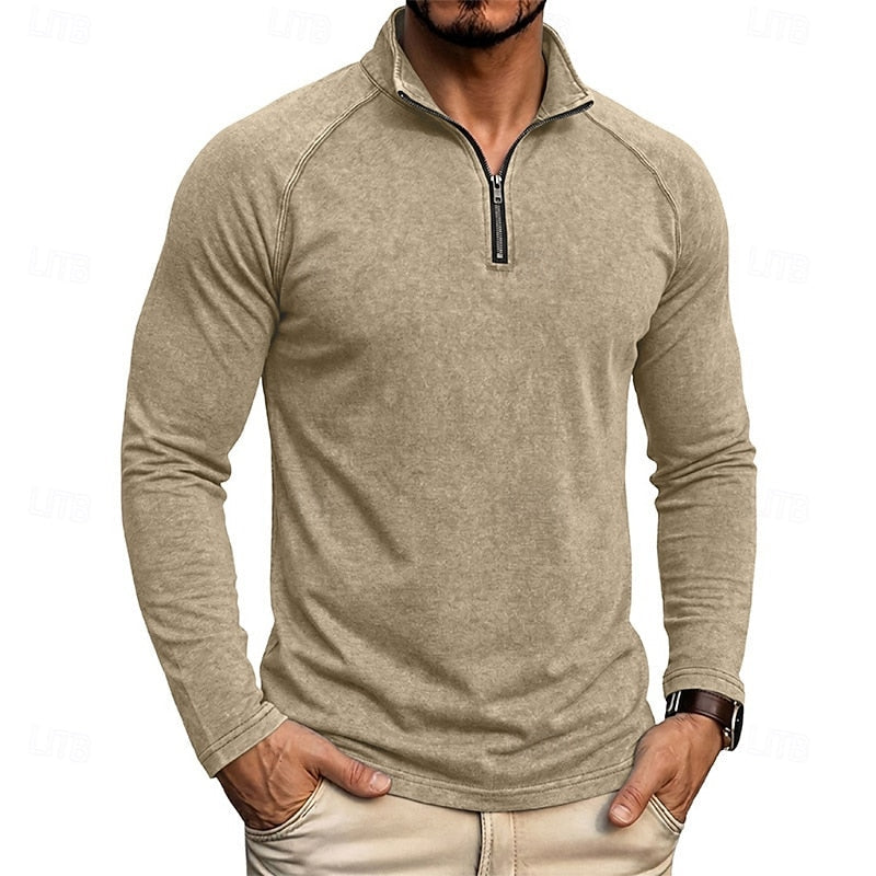 Quarter Zip Pullover Men's Long Sleeve Stand Collar Khaki Top – Casual, Office · Faylori