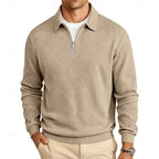 Quarter-Zip Pullover Men's Textured Long Sleeve Polo Collar Sweatshirt Khaki – Casual, Office, Gift
