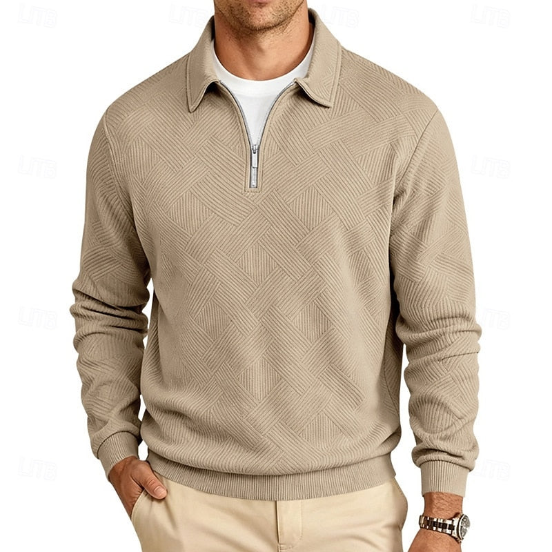 Quarter-Zip Pullover Men's Textured Long Sleeve Polo Collar Sweatshirt Khaki – Casual, Office, Gift