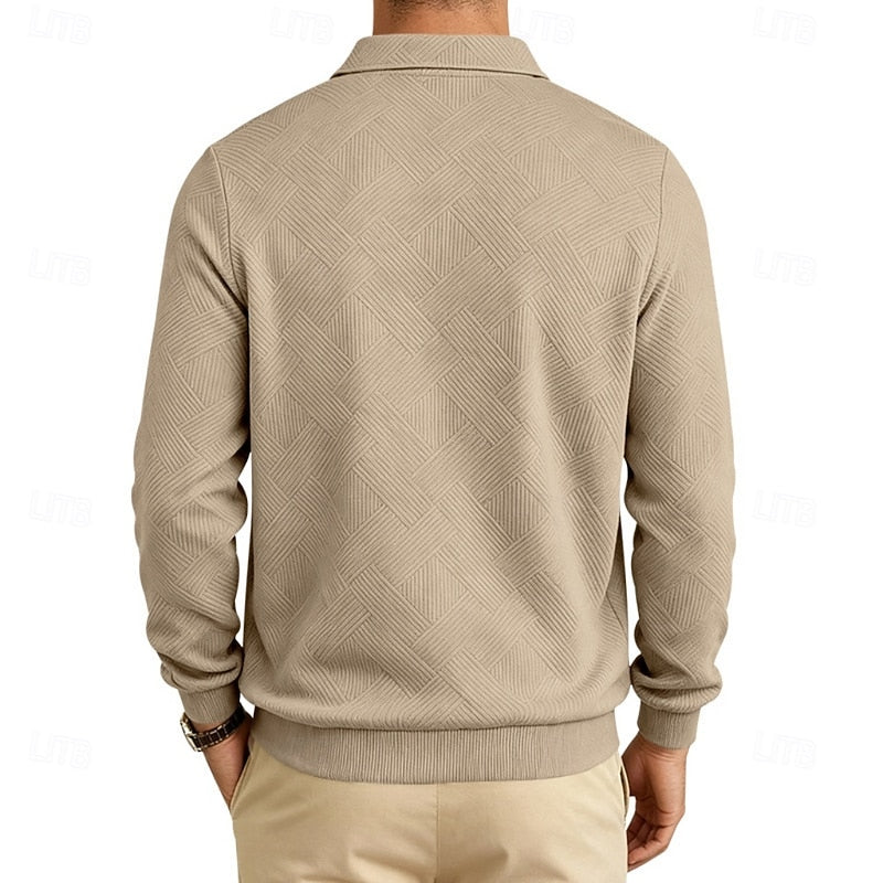 Quarter-Zip Pullover Men's Textured Long Sleeve Polo Collar Sweatshirt Khaki – Casual, Office, Gift