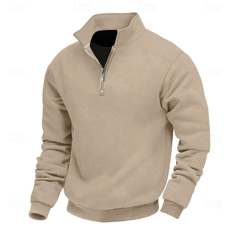 Quarter-Zip Pullover Men's Textured Long Sleeve Polo Collar Sweatshirt Khaki – Casual, Office, Gift