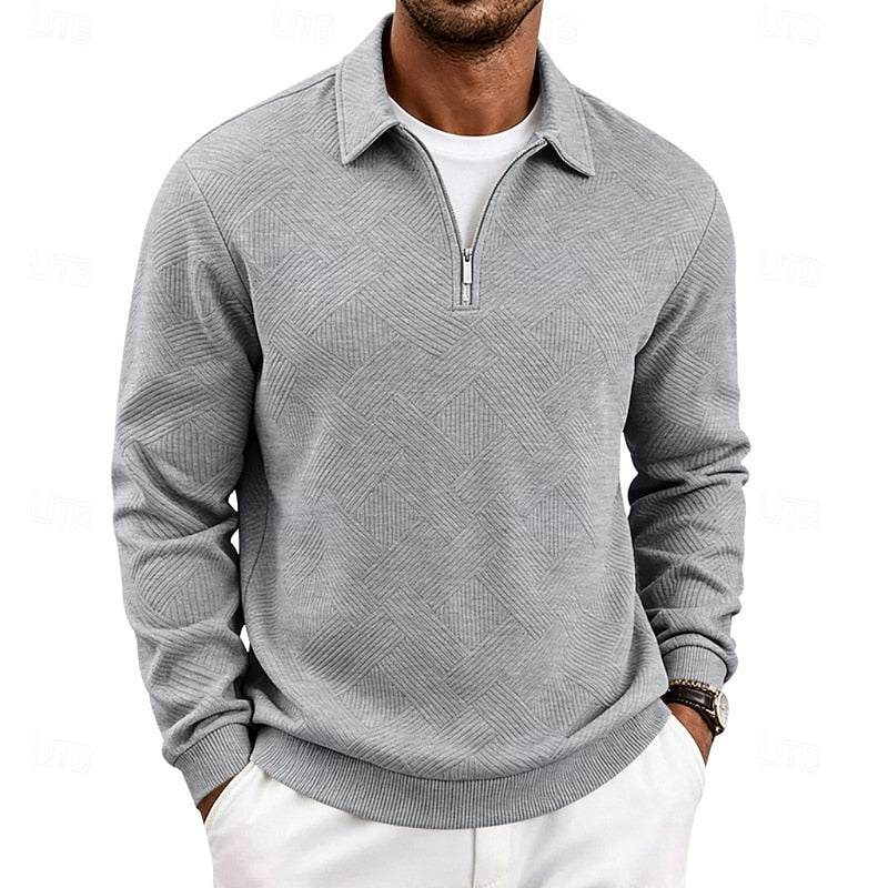 Quarter-Zip Pullover Men's Textured Long Sleeve Polo Collar Sweatshirt Khaki – Casual, Office, Gift