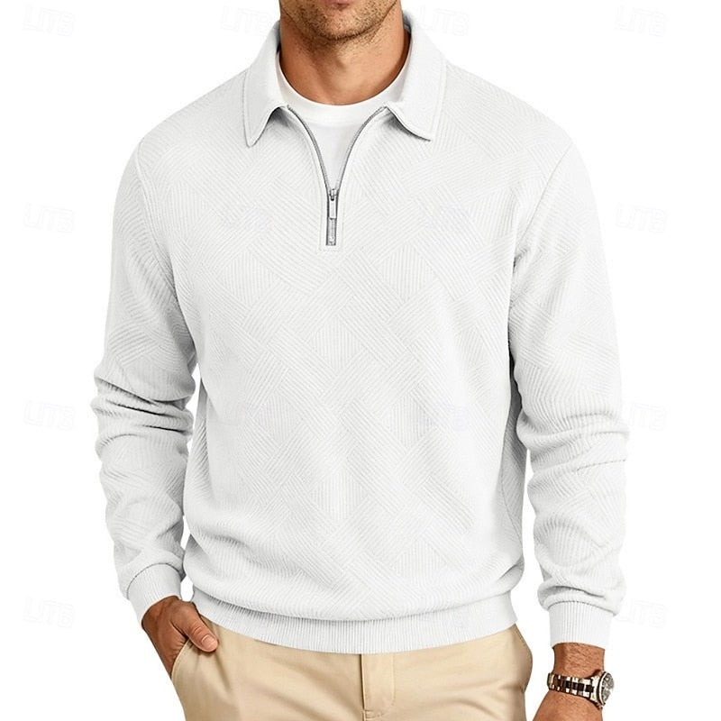 Quarter-Zip Pullover Men's Textured Long Sleeve Polo Collar Sweatshirt Khaki – Casual, Office, Gift