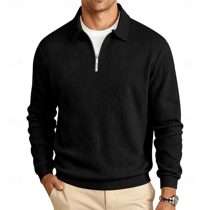 Quarter-Zip Pullover Men's Textured Long Sleeve Polo Collar Sweatshirt Khaki – Casual, Office, Gift