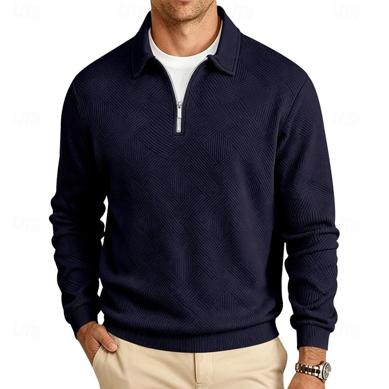 Quarter-Zip Pullover Men's Textured Long Sleeve Polo Collar Sweatshirt Khaki – Casual, Office, Gift