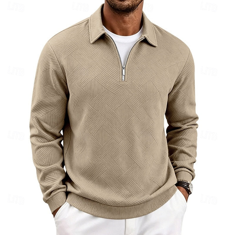 Quarter-Zip Pullover Men's Textured Long Sleeve Polo Collar Sweatshirt Khaki – Casual, Office, Gift