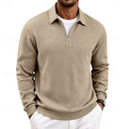 Quarter-Zip Pullover Men's Textured Long Sleeve Polo Collar Sweatshirt Khaki – Casual, Office, Gift