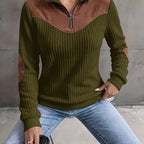 Quarter-Zip Pullover Ribbed Corduroy Women's Long Sleeve Color Block Sweatshirt – Casual, Office