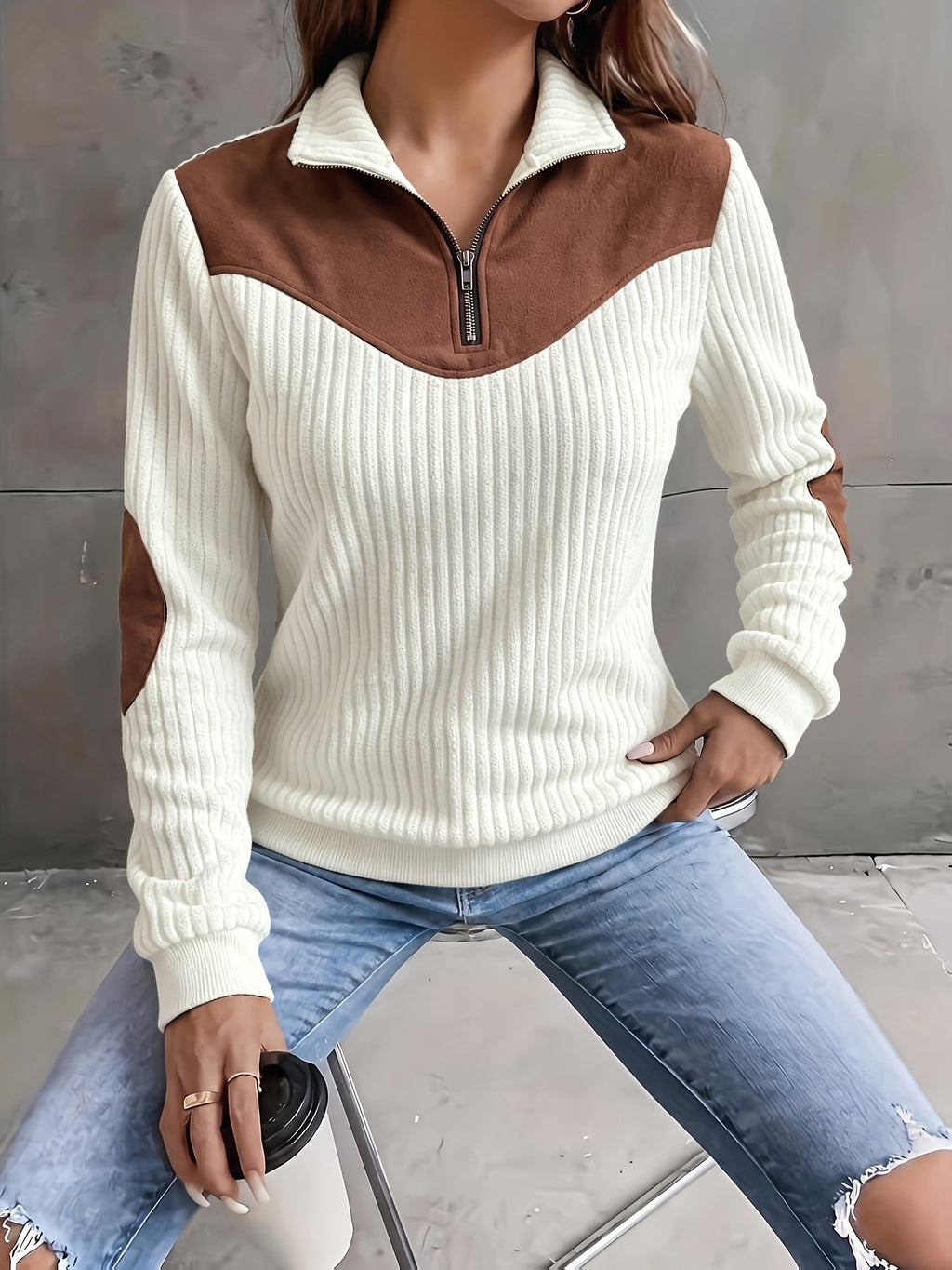 Quarter-Zip Pullover Ribbed Corduroy Women's Long Sleeve Color Block Sweatshirt – Casual, Office