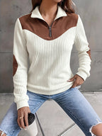 Quarter-Zip Pullover Ribbed Corduroy Women's Long Sleeve Color Block Sweatshirt – Casual, Office