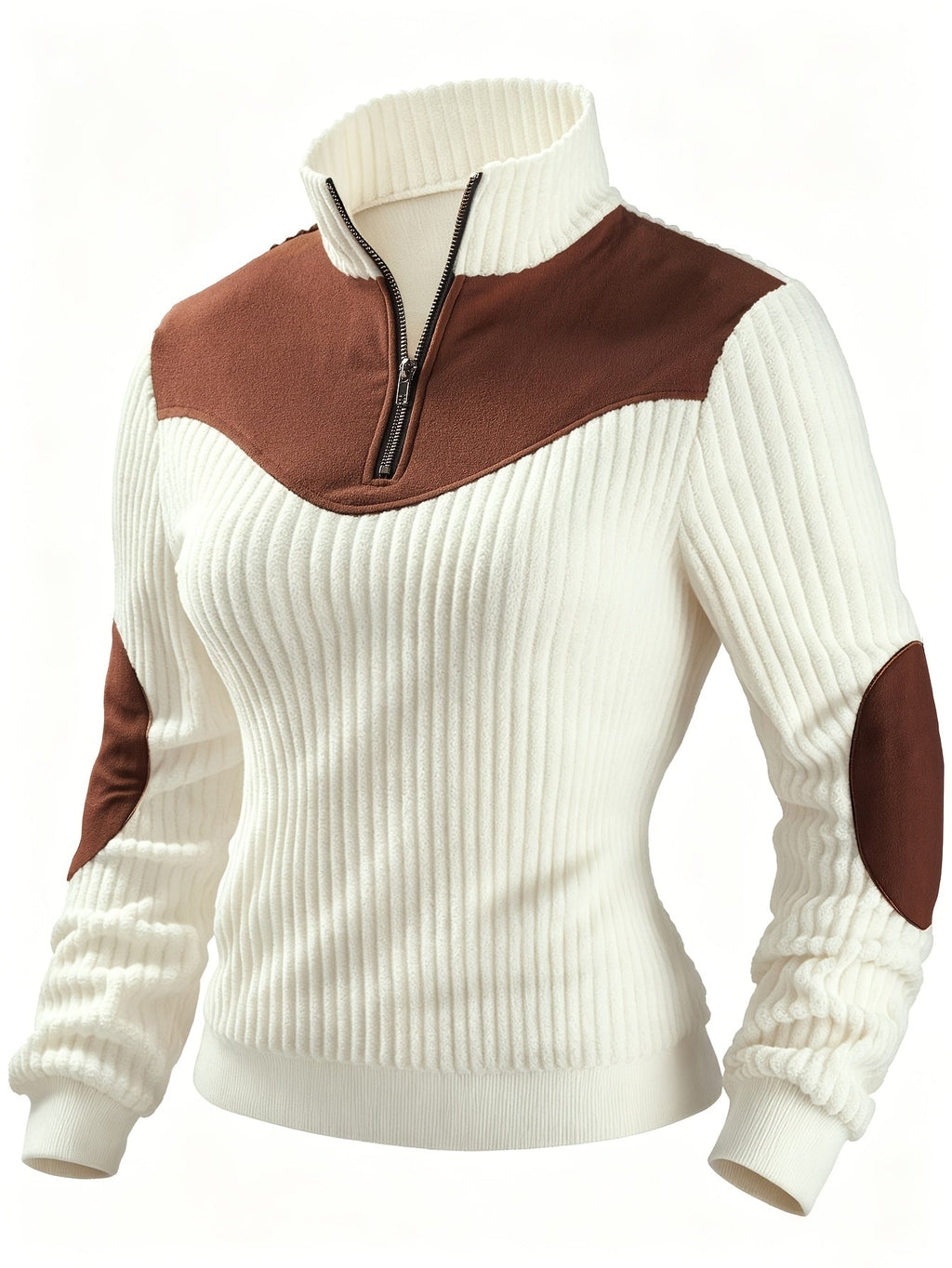 Quarter-Zip Pullover Ribbed Corduroy Women's Long Sleeve Color Block Sweatshirt – Casual, Office