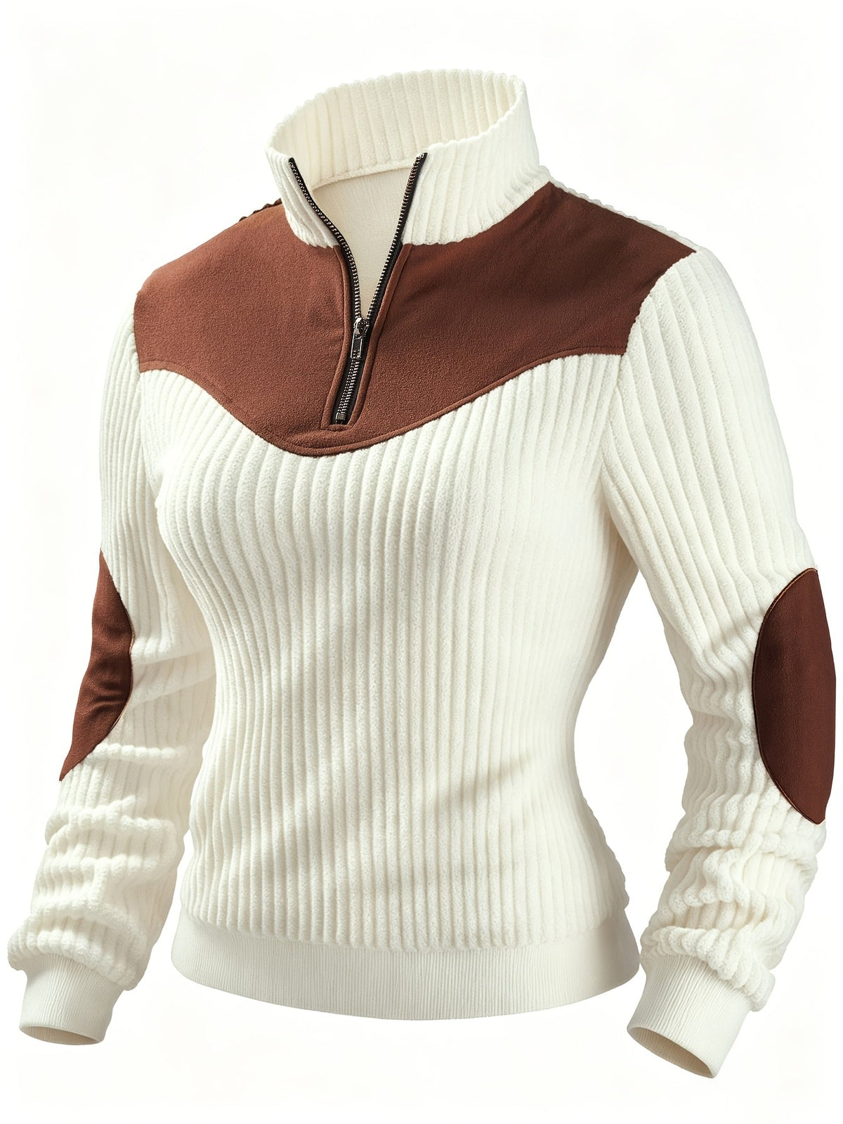 Quarter-Zip Pullover Ribbed Corduroy Women's Long Sleeve Color Block Sweatshirt – Casual, Office