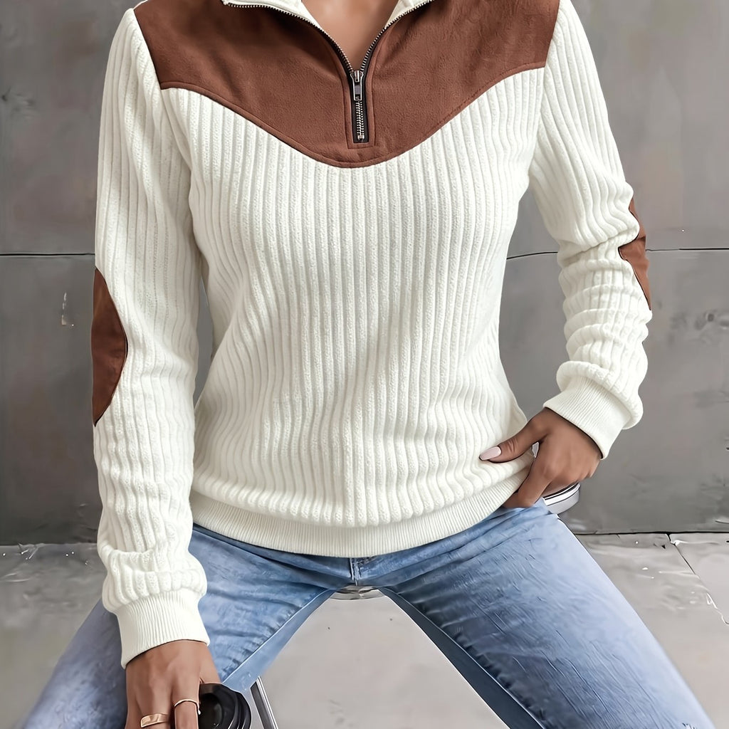 Quarter-Zip Pullover Ribbed Corduroy Women's Long Sleeve Color Block Sweatshirt – Casual, Office