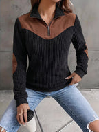 Quarter-Zip Pullover Ribbed Corduroy Women's Long Sleeve Color Block Sweatshirt – Casual, Office