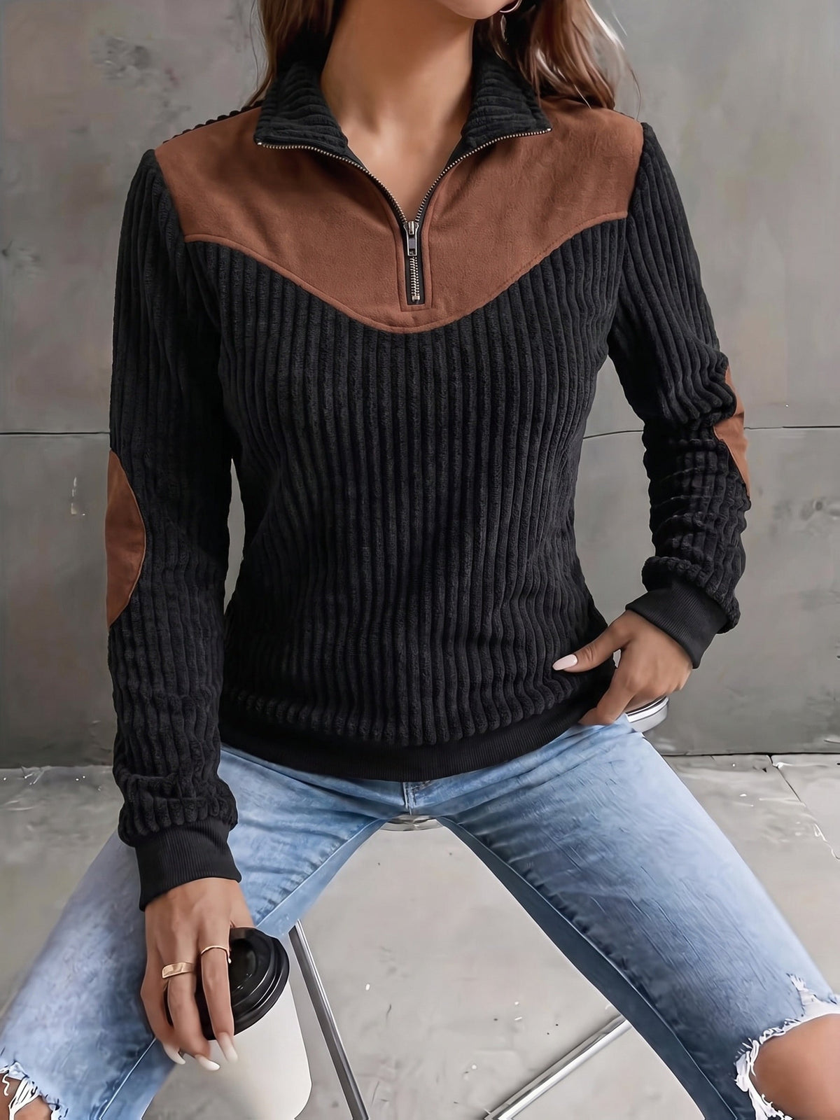 Quarter-Zip Pullover Ribbed Corduroy Women's Long Sleeve Color Block Sweatshirt – Casual, Office