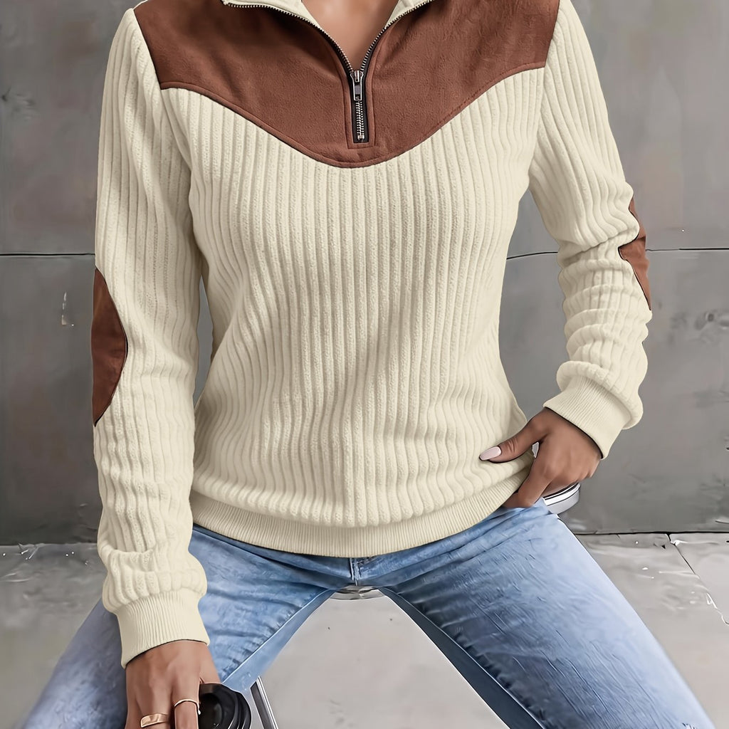 Quarter-Zip Pullover Ribbed Corduroy Women's Long Sleeve Color Block Sweatshirt – Casual, Office