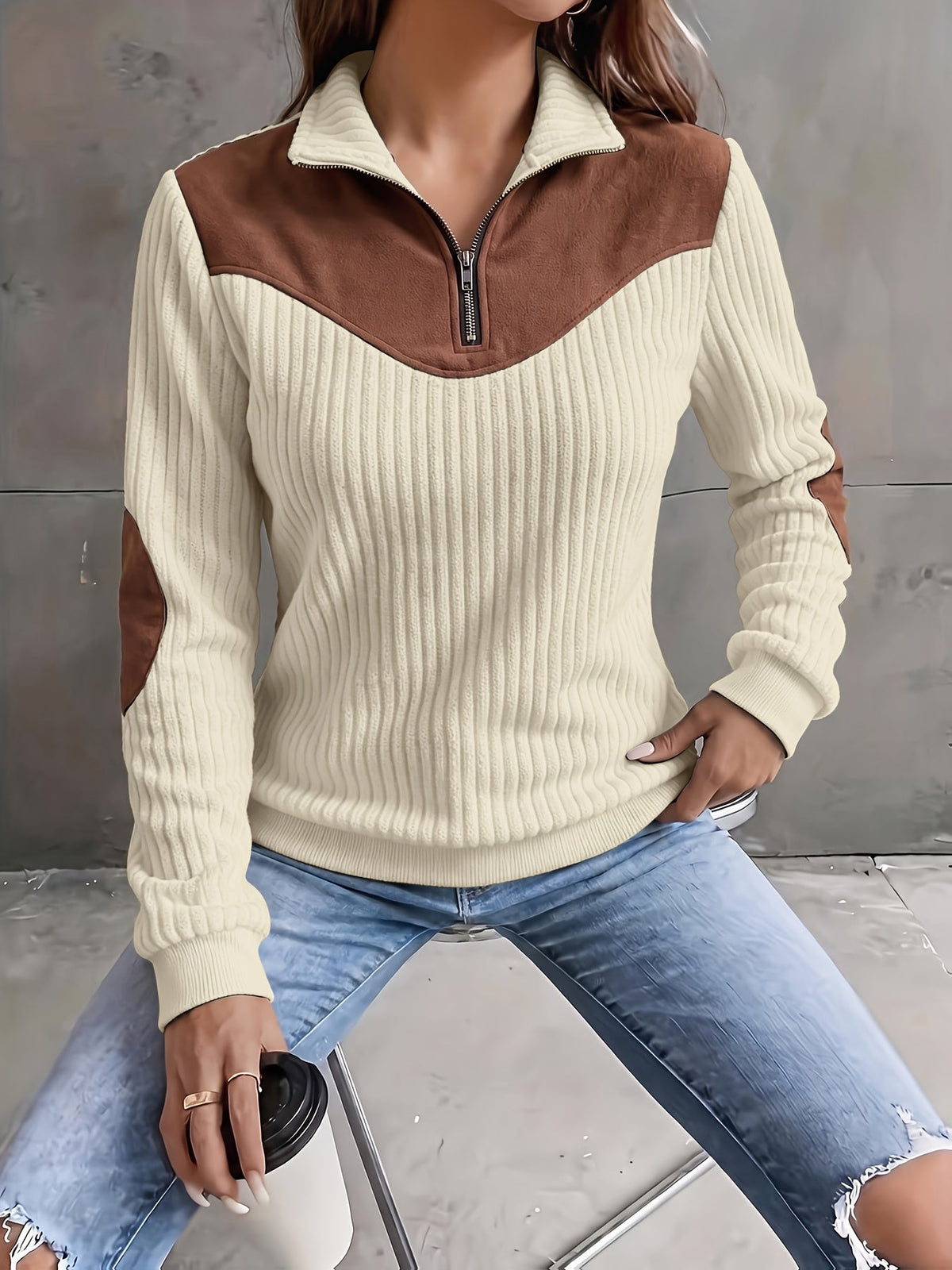 Quarter-Zip Pullover Ribbed Corduroy Women's Long Sleeve Color Block Sweatshirt – Casual, Office