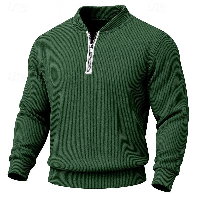 Quarter-Zip Pullover Ribbed Knit Men's Long Sleeve Sweater Green Mock Neck – Casual, Office, Gift
