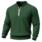 Quarter-Zip Pullover Ribbed Knit Men's Long Sleeve Sweater Green Mock Neck – Casual, Office, Gift