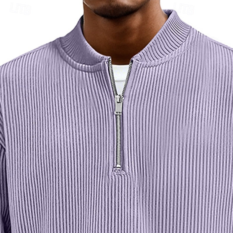 Quarter-Zip Pullover Ribbed Knit Men's Long Sleeve Sweater Green Mock Neck – Casual, Office, Gift