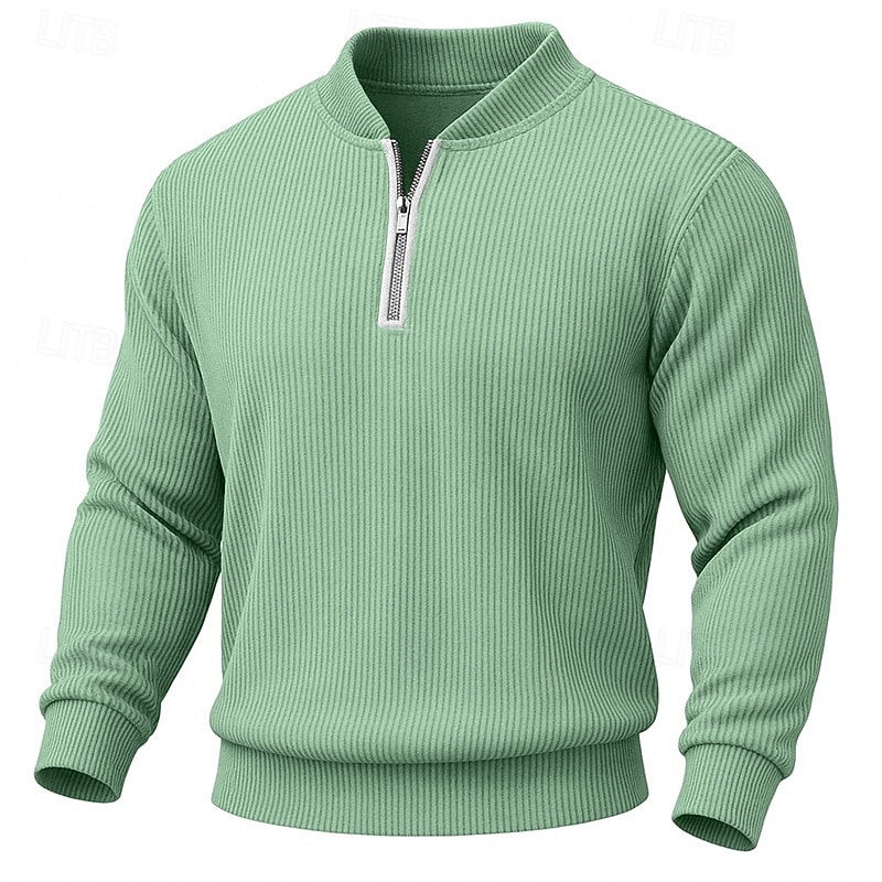 Quarter-Zip Pullover Ribbed Knit Men's Long Sleeve Sweater Green Mock Neck – Casual, Office, Gift