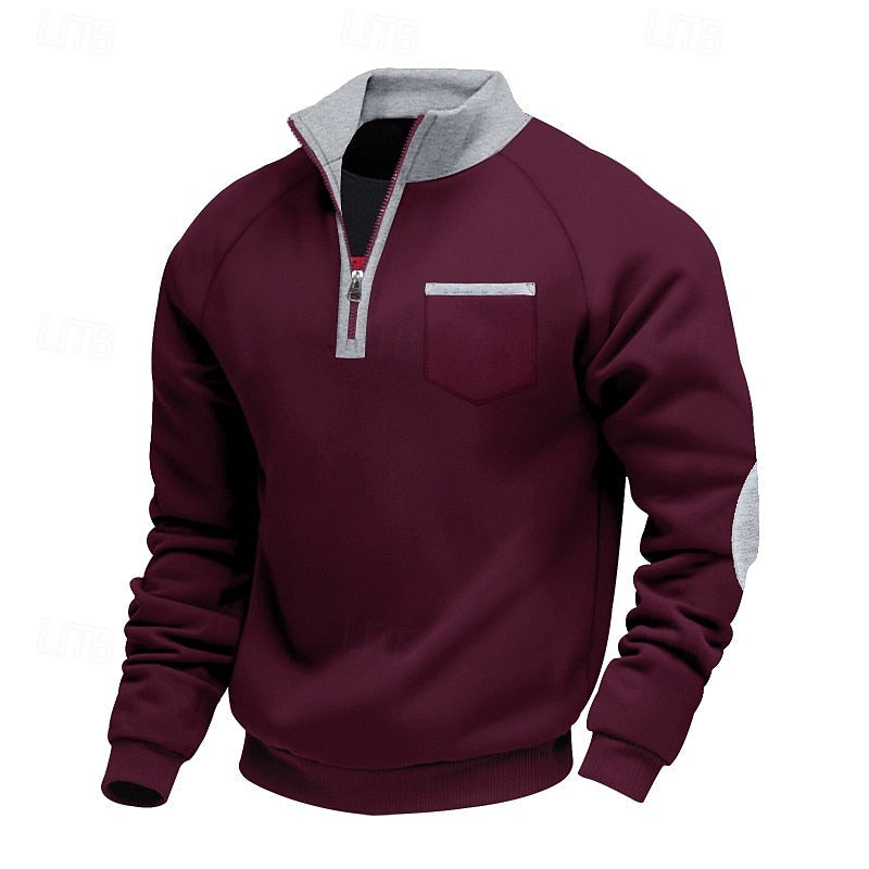 Quarter-Zip Pullover Sweatshirt Men's Color Block Stand Collar Chest Pocket – Casual, Office