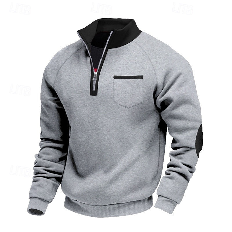 Quarter-Zip Pullover Sweatshirt Men's Color Block Stand Collar Chest Pocket – Casual, Office