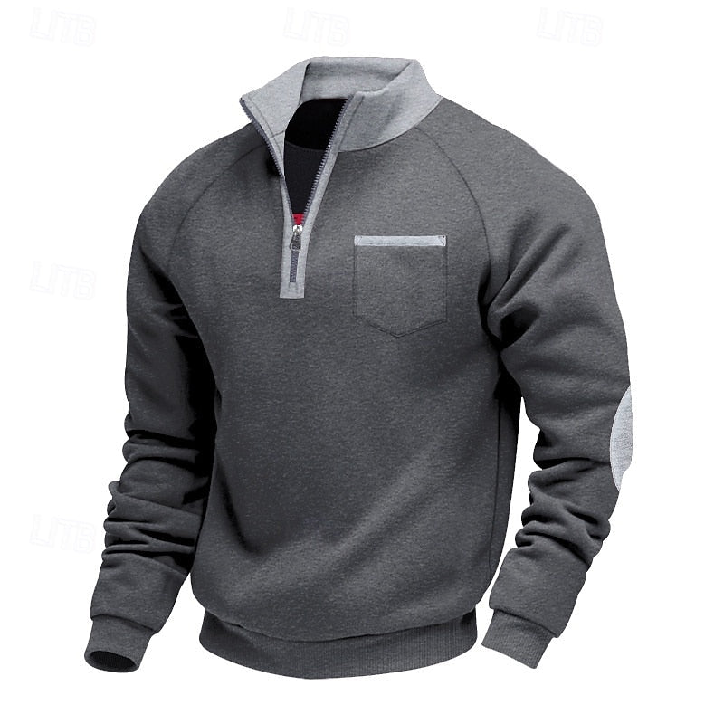 Quarter-Zip Pullover Sweatshirt Men's Color Block Stand Collar Chest Pocket – Casual, Office