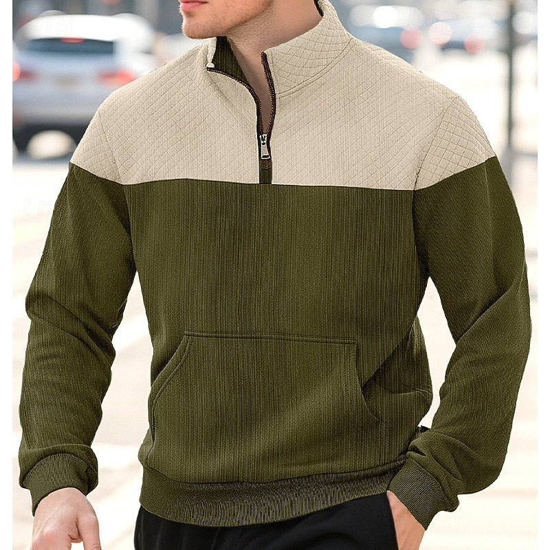 Quarter-Zip Pullover Sweatshirt Men's Color Block Stand Collar with Pocket – Casual, Office, Everyday