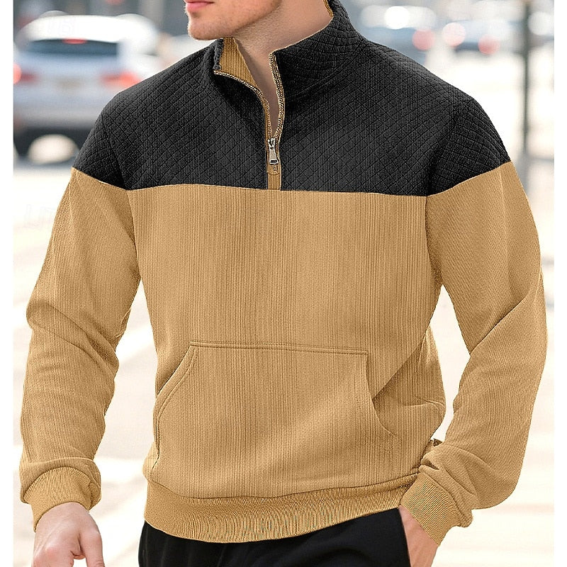 Quarter-Zip Pullover Sweatshirt Men's Color Block Stand Collar with Pocket – Casual, Office, Everyday