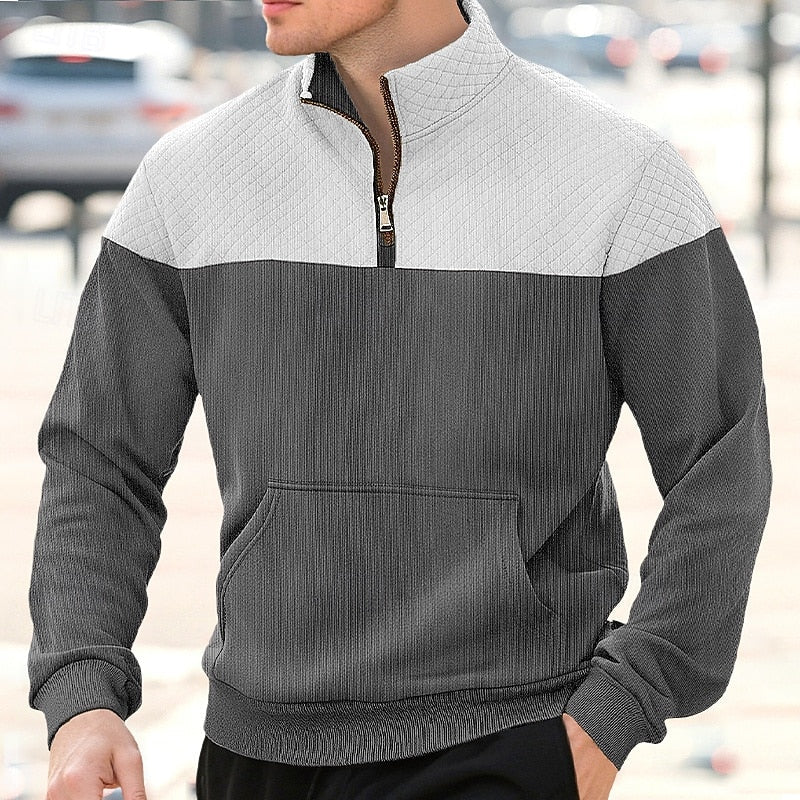 Quarter-Zip Pullover Sweatshirt Men's Color Block Stand Collar with Pocket – Casual, Office, Everyday