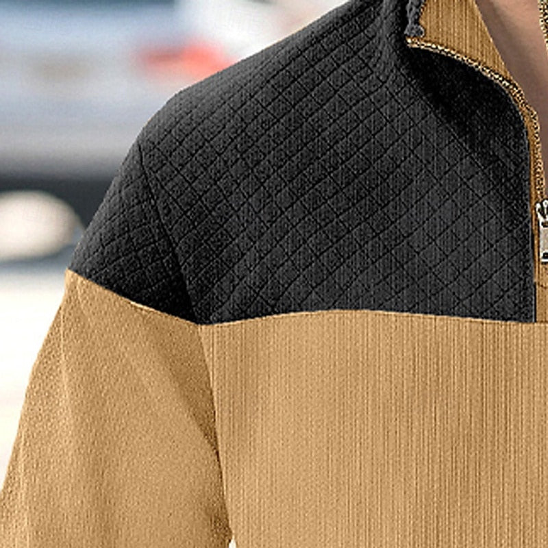 Quarter-Zip Pullover Sweatshirt Men's Color Block Stand Collar with Pocket – Casual, Office, Everyday